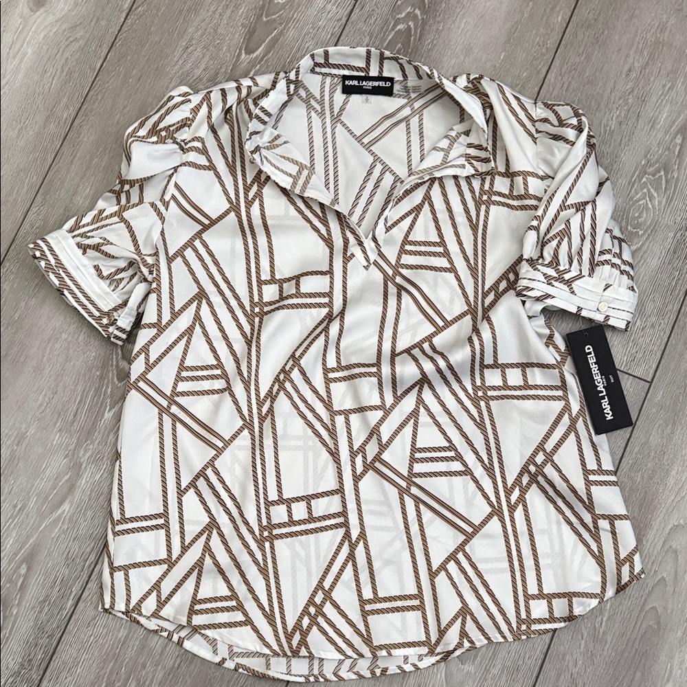 KARL LAGERFELD White & Brown Geometric Short-Sleeve Shirt new with tags size S